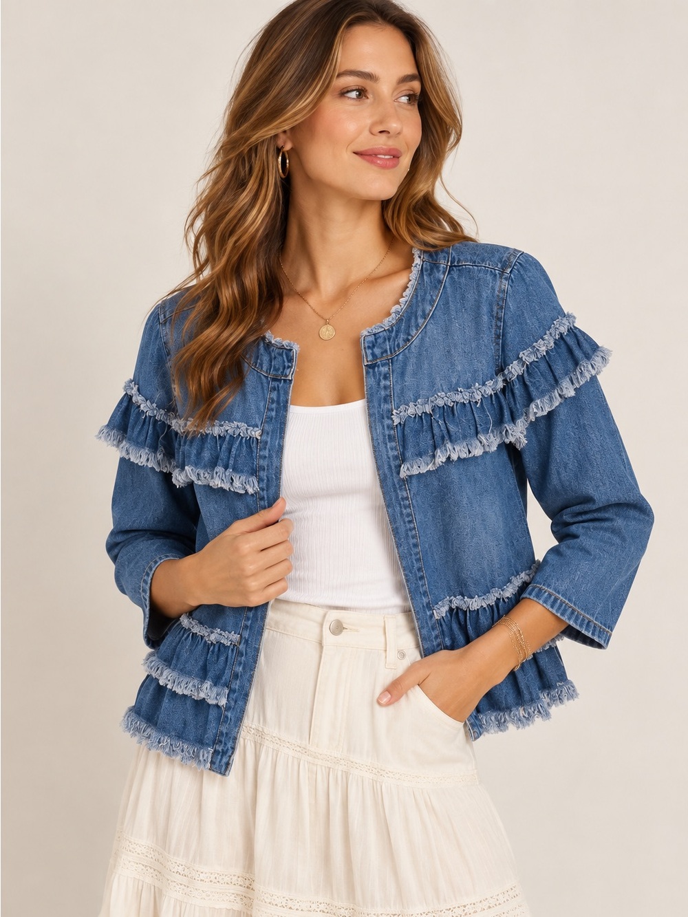 Kensie Ruffle Frayed Denim Jacket Size L Boho Western Jean Jacket